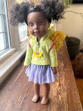 American Girl Yellow Hoodie with Lilac Skirt and Glitter Wings